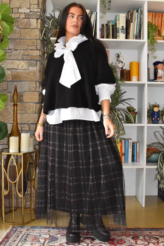 Enid Plaid Tulle Midi Skirt Black